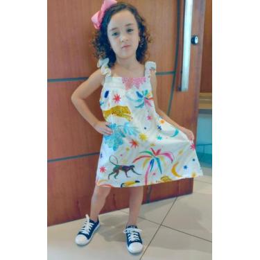 Imagem de Vestido infantil feminino Safari branco com animais coloridos - Baixin