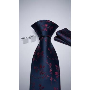 Imagem de Kit Gravata Floral Azul Marinho + Lenço e Abotoaduras - Congratulation