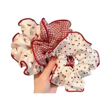 Imagem de Conjunto De Scrunchies Xadrez Vermelhos Com Bolinhas Para Mulheres E M