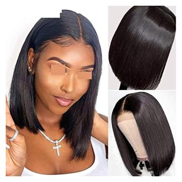 Imagem de Perucas femininas curtas Bob Peruca de cabelo humano liso para mulheres negras peruca pré-arrancada 5x1 peruca com fecho de cabelo brasileiro perucas entrelaçadas 150% densidade perucas de cabelo humano (cor do cabelo: 2, comprimento esticado: 35,5 cm)