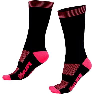 Imagem de Meia Hupi Supreme Preto Listra Rosa Neon Poliamida Premium Corrida Ciclismo 36-42, Cor: Preto