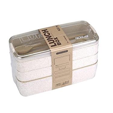 Imagem de Marmita/Lancheira Japonesa (Bento) Com 3 Compartimentos e Talheres 900ml (Bege)