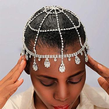 Imagem de Wekicici Roaring 20s feminino strass prata melindrosa boné cabeça Cleópatra corrente borla chapéu festa temática Gatsby, joias de cabelo para eventos