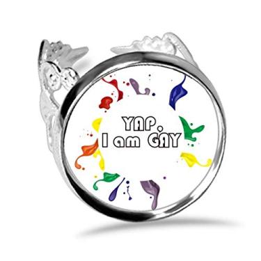 Imagem de DIYthinker LGBT Anel de noivado ajustável com bandeira de arco-íris Yap I Am Gay