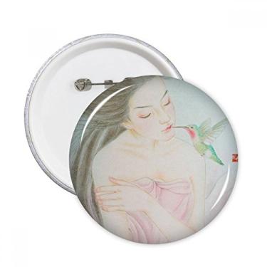 Imagem de Beleza com Pássaro, Estilo Chinês, Aquarela, Pinos Redondos, Botão, Decoração de Roupas Presente 5 peças