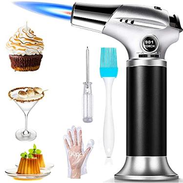 Imagem de Tochas de cozinha profissional Tocha de cozinha com trava de segurança Ajustável chama recarregável isqueiro para acampamento interno e externo Cozinhar churrasco Creme brulee DIY solda (gás butano não incluído-prata）