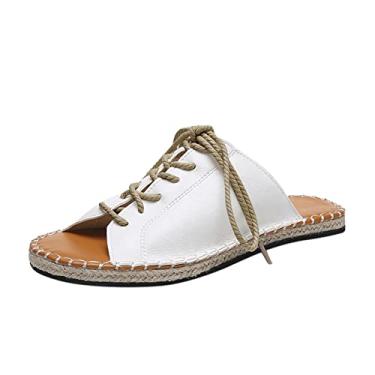 Imagem de Sandálias femininas tecidas dedo sandálias respiráveis palha plana feminina renda redonda chinelos sapatos verão feminino (branco, 7)