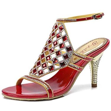 Imagem de Sandálias femininas de strass salto alto salto agulha escarpim sandália de cristal joias sapatos para verão praia oceano férias ao ar livre, vermelho, 43 EU/12 EUA