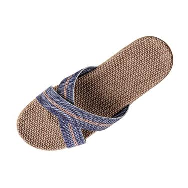 Imagem de Chinelos masculinos de dedo aberto masculino de linho jeans verão primavera outono casa sandálias e chinelos de chão de madeira, Azul marino, 9.5