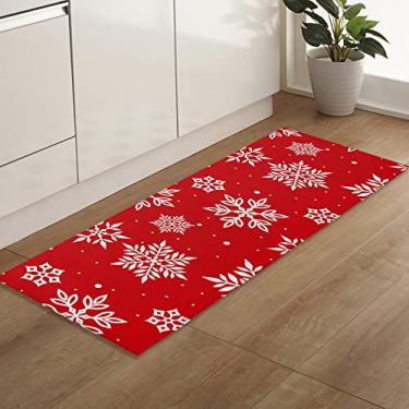 Imagem de Savannan Tapetes e tapetes de corredor, 10906 peças decoração de Natal inverno branco floco de neve padrão geométrico vermelho não deslizante, tapete de cozinha absorvente, tapete de porta interna com suporte de pontos de borracha, tapete de pé 49 x 150 cm