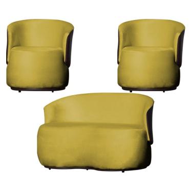 Imagem de Kit 2 Poltronas e 1 Namoradeira Decorativa Orgânica Beatriz Veludo Composê Corino Marrom - Estopar