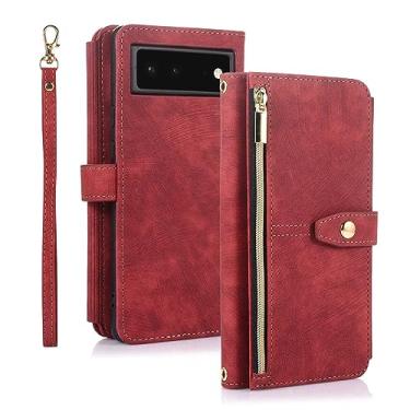 Imagem de Capa carteira para Google Pixel Fold 2023, pulseira de couro com alça de ombro oblíqua para mulheres, capa fólio, vermelha