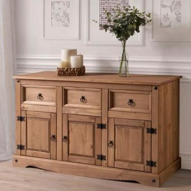 Imagem de Balcão Buffet de Madeira Maciça com 3 portas e 3 Gavetas Marrom Antique - 75,9 Alt X 125 Larg X 40 Prof - Móveis para Casa, Acabamento em Cera, Madeira Pinus Elliottis - PENSE DENTRO DA CAIXA