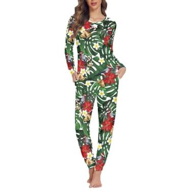 Imagem de ZWPINITUP Conjunto de pijama feminino elástico com manga comprida, conjunto de duas peças macio com decote em V, Pássaro de folha floral, G