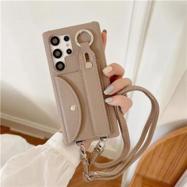 Imagem de Suporte de anel de cartão carteira de couro crossbody alça de pulso para Samsung Galaxy S24 Ultra S23FE A13 14 24 33 34 53 54 52 72, cáqui, para Samsung S23 Fe