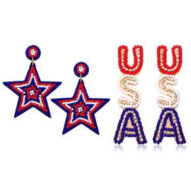 Imagem de 2 pares de brincos patrióticos de 4 de julho para mulheres com contas com letra EUA brincos pendentes dia da independência joia presente, Miçangas, Strass