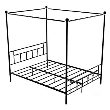 Imagem de Estrutura de cama queen dossel plataforma de metal com cabeceira, base de colchão de aço sem necessidade de mola de caixa de montagem fácil, preto, branco (preto completo)