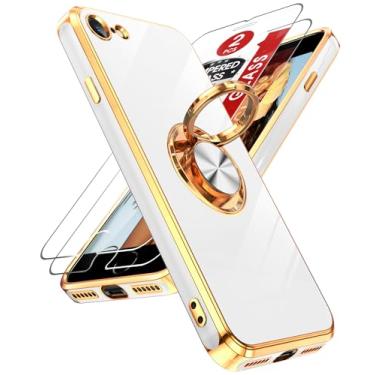 Imagem de LeYi Capa para iPhone SE Capa para iPhone 7 Capa para iPhone 8: com protetor de tela de vidro temperado [2 unidades] Suporte magnético giratório de 360° com suporte magnético, revestimento de borda de ouro rosa para iPhone 7/8/SE, branco