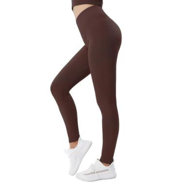 Imagem de FreXimo Calça legging feminina de ginástica de cintura alta sem costura canelada levanta bumbum fitness calça atlética para ioga, Marrom (Seal Brown), P