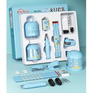 Imagem de SIPLIV Conjunto de caixa de presente de papelaria elétrica, apontador de lápis elétrico, borracha elétrica a vácuo de mesa com lâmina de substituição e refis de borracha, kit de papelaria, 10 peças,