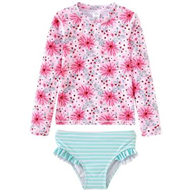 Imagem de UMELOK Conjunto Rash Guard para crianças e meninas com calcinha de biquíni, Rosa/verde claro, margarida, 5 Anos