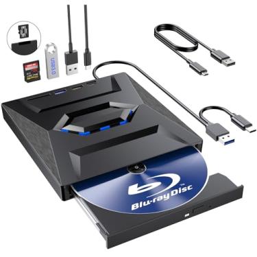 Imagem de Unidade Blu-Ray externa, leitor portátil de Bluray, gravador de CD com porta USB 3.0 tipo C e cartão SD, DVD e CD-ROM +/-RW, unidades Blu-Ray externas para PC, laptop, desktop, Windows, Mac, Linux