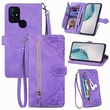 Imagem de Furiet Capa carteira compatível com OnePlus Nord N10 5G com alça de pulso e suporte de cartão flip de couro para celular One Plus N 10 G5 1 Plus 10N 1plus One+ 1+ N105G feminino roxo