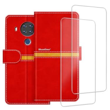Imagem de ESACMOT Capa de celular compatível com Nokia 7.3 + [2 unidades] película protetora de tela de vidro, capa protetora magnética de couro premium para Nokia 7.3 (6,5 polegadas) vermelha