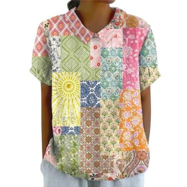 Imagem de Pulôver feminino de linho lapela floral gola redonda botão solto camiseta casual camiseta feminina alta, rosa, G