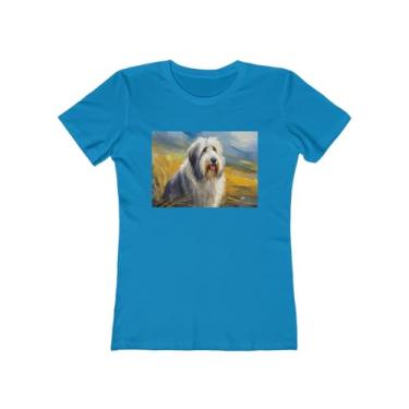 Imagem de Old English Sheepdog Fine Art Camiseta feminina de algodão fiado em anel, Turquesa lisa, M