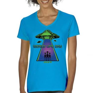 Imagem de Camiseta feminina com gola V "Get in Loser World UFO Day" divertida Aliens Believe Space Flying Saucer Universe July 2 Stay Weird, Turquesa, P