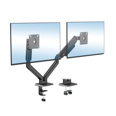 Imagem de Mount-It! Suporte de monitor duplo de movimento completo com braços de mola, 43.2 cm a 81.3 cm, braço de monitor de movimento completo com inclinação, rotação, giro, ajuste de altura, braçadeira ou