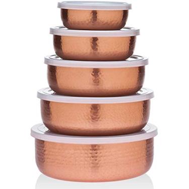 Imagem de Conjunto de 5 tigelas de armazenamento empilháveis banhadas a cobre martelado da Godinger com tampas herméticas -