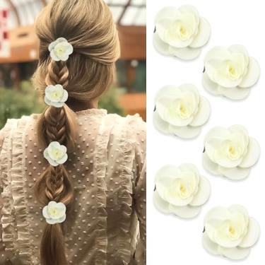 Imagem de YAEISM 6 peças de grampos de cabelo de flor bege pequenos pinos de cabelo rosa cetim elegantes flores de cabelo de noiva branco decorativo floral clipe de garra acessórios de cabelo de casamento para