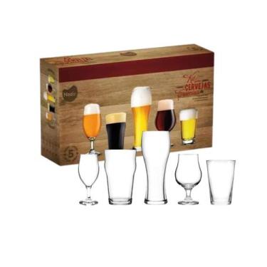 Imagem de Jogo Copos Taças Vidro Cerveja Chopp Chope Kit 5 pçs - NADIR
