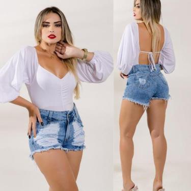 Imagem de Short Jeans Hot Pants Feminino Bermuda Cintura Alta Destroyed Desfiado