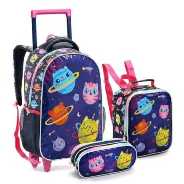Imagem de Kit 3 Peças Mochila Rodinha Galaxy Azul Com Estojo Lancheira Feminina 