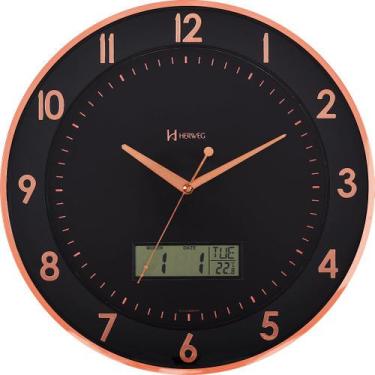 Imagem de Relógio Parede 35cm Termômetro Calendário Preto Herweg 6819