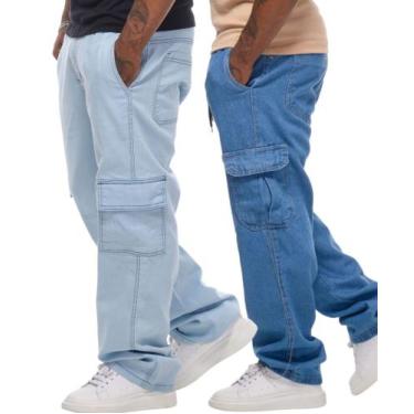 Imagem de Kit 2 Calças Cargos Masculina Jeans Larga Bolso Lateral Streetwear - V
