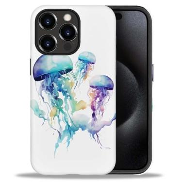 Imagem de Yicomon Capa para celular compatível com iPhone 15 Pro Max, estampa de água-viva em aquarela, durável, moderna, engraçada, capa protetora macia antiarranhões à prova de choque para iPhone 15
