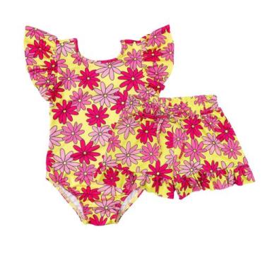 Imagem de Kit Maiô E Shorts Infantil Menina Proteção Uv Praia Piscina - Fofotinh