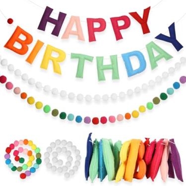 Imagem de Faixa pré-amarrada de feliz aniversário - guirlanda de bola de feltro - Guirlanda de feliz aniversário sinal de feliz aniversário para decoração de aniversário, decoração de festa, adereço de foto