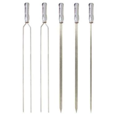 Imagem de Kit 05 Peças Espeto Churrasco Aço Inox Duplo + Chato Largo + Chato Est