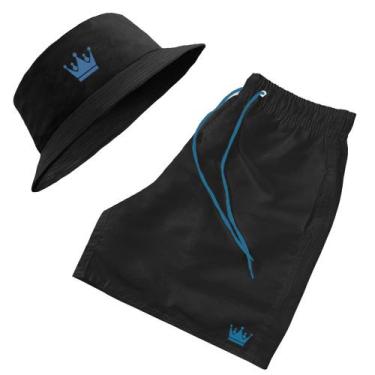 Imagem de Short Praia + Chapeu Bucket Hat Masculino Preto Com Cordao Azul - MP M