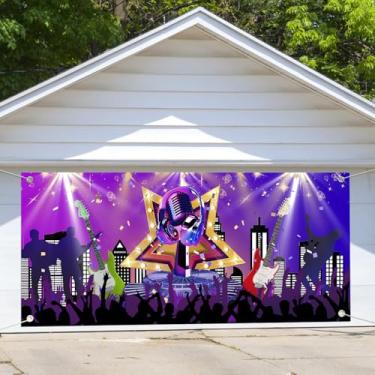 Imagem de Karaokê festa decoração porta garagem fundo azul música discoteca férias fotografia pano de fundo estrela rock and roll palco show noturno foto pano de fundo microfone garagem capa banner 40,6 x 1,8 m