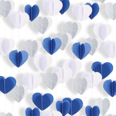 Imagem de RICHHHA Faixa de guirlanda 3D azul prata branca em forma de coração para decoração do dia dos namorados Dia de Galentine pendurada serpentinas de papel, noivado, casamento, festa nupcial, chá de bebê,