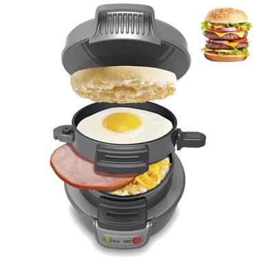 Imagem de Sanduicheira de café da manhã com anel de ovo, pronta em 5 minutos, destacável e lavável na máquina, máquina de hambúrguer multifuncional, aquecimento de dupla face, grelha redonda elétrica, máquina