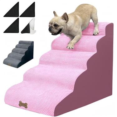 Imagem de Necrely Escadas De Cachorro Para Cães Pequenos Para Camas Altas, 5 Degraus 24 Polegadas Escadas De Rampa Para Animais De Estimação Para Sofá-Cama De 18-30 Polegadas, 2 Peças De Capa Lavável Rosa E Cin