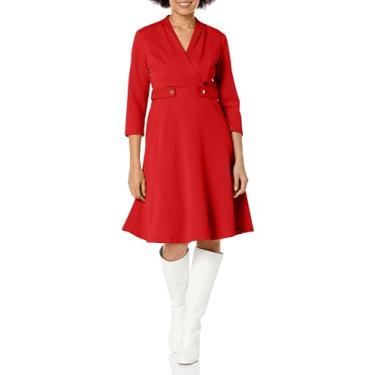 Imagem de London Times Midi feminino de crepe e flare com detalhe de botão de cintura, Verdadeiro vermelho, 25 Plus Size
