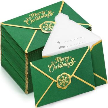 Imagem de Kosiz 50 peças de mini envelopes de Natal para cartões de presente, envelopes pequenos para cartões de visita, porta-cartões de visita, com borda dourada para cartões de notas, moedas, Natal, férias, negócios, 7 cm x 9 cm (verde)